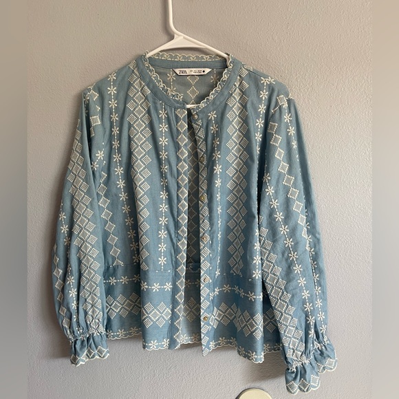 Zara blue cotton jacket with white thread work embroidery. - Picture 8 of 12